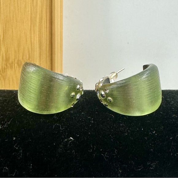 ALEXIS BITTAR  Army Olive Green Rhinestone Crystal Studded Lucite Hoop Earrings - Picture 7 of 10